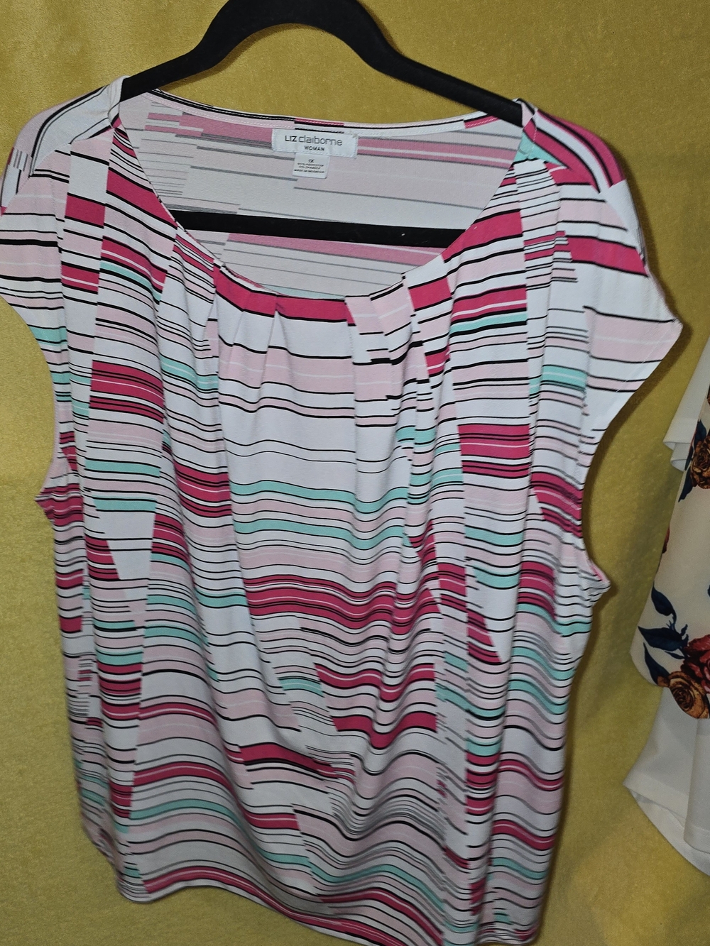 Liz Claiborne Pink, Aqua & Black Striped Short-Sleeve Top SIZE 1X
